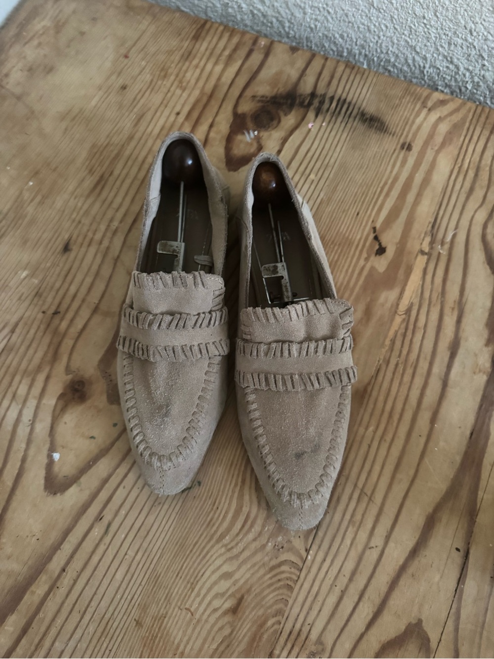 Zara Suede Fringe Penny Loafers in Tan